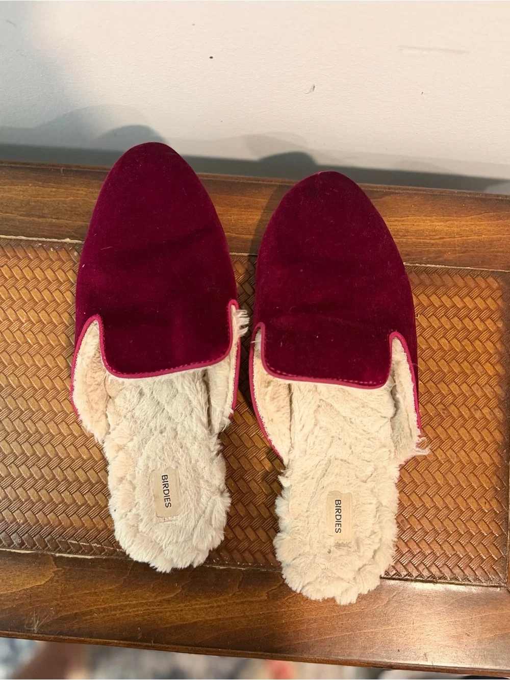 Birdies Burgundy Velvet Fur-Lined Slip-Ons